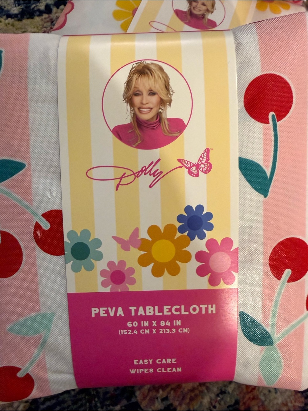 Dolly Parton Signature Brand Tablecloth - cherries and stripes NWT